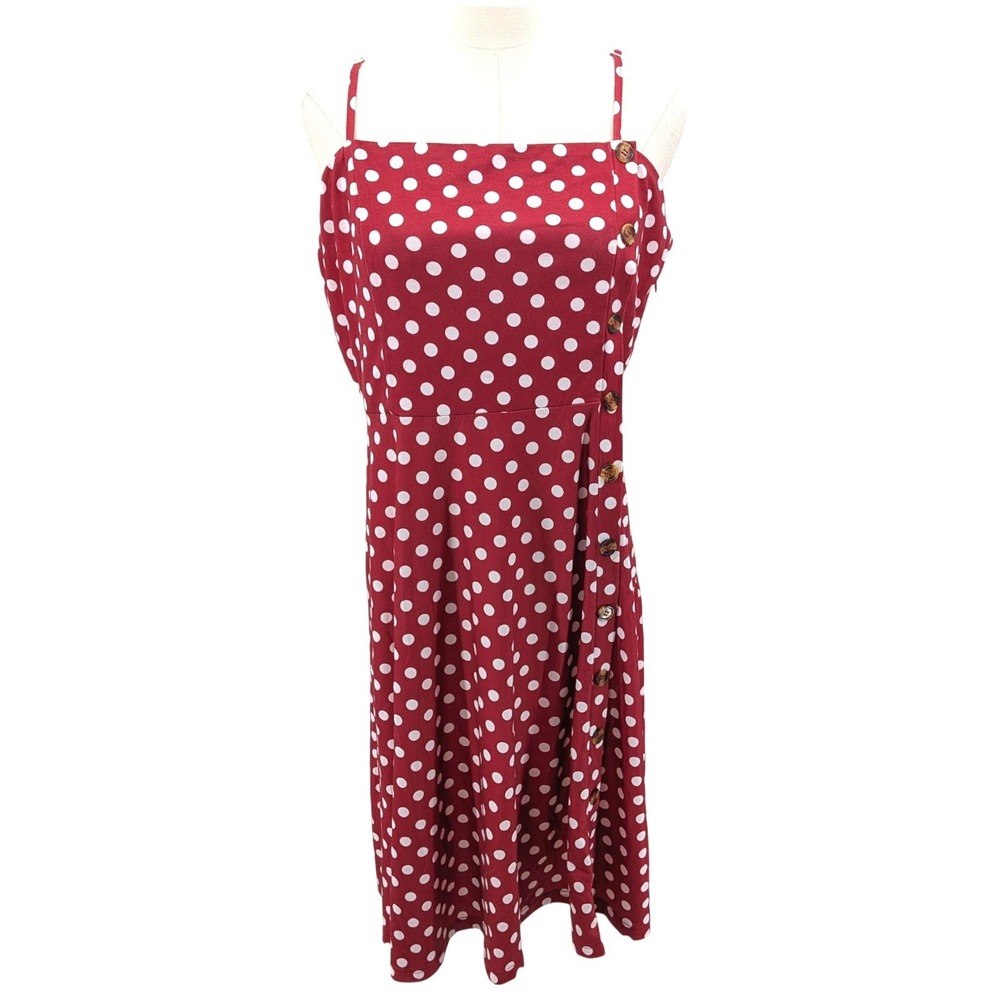 Red Polka Dot Midi Dress Retro Pinup Rockabilly XL square neck soft‎ stretch